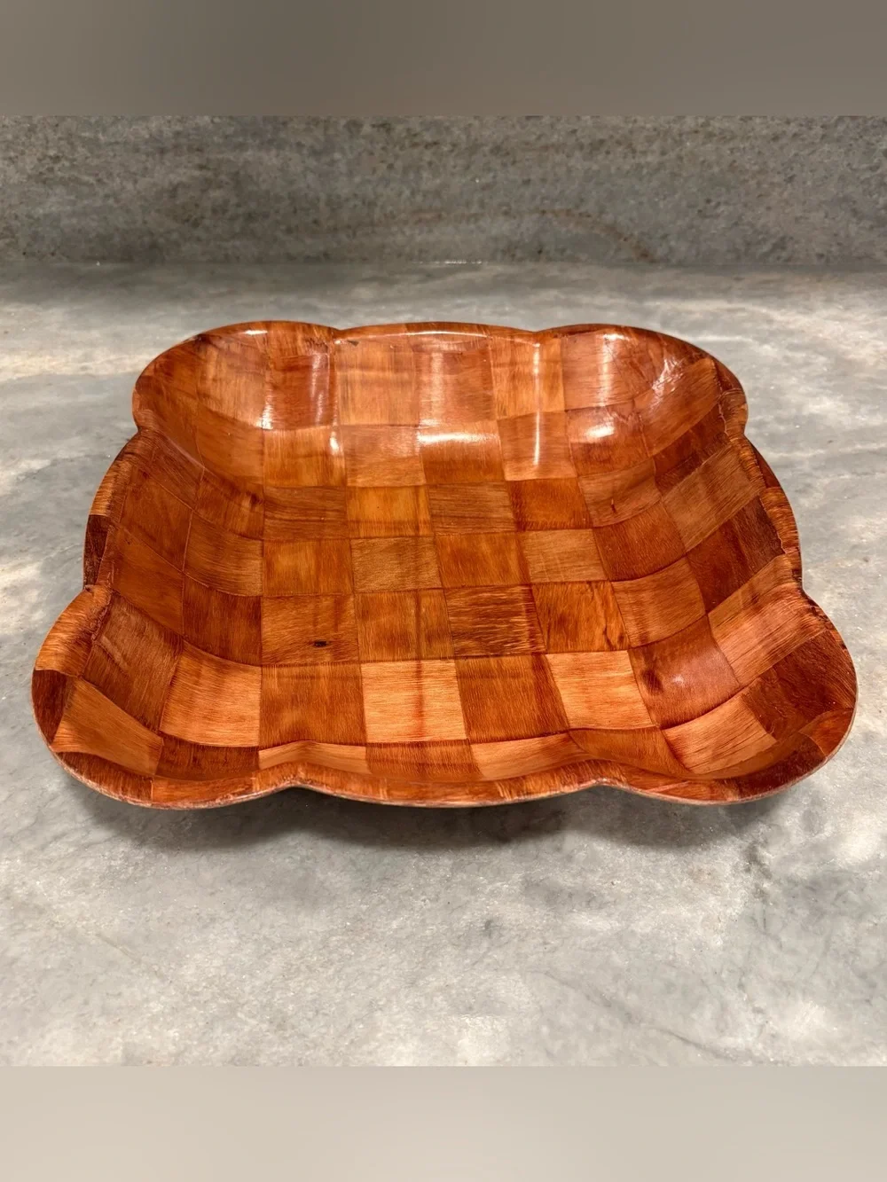 70s MCM Parquet Large Wood Serving Bowl Scalloped Edge 11”